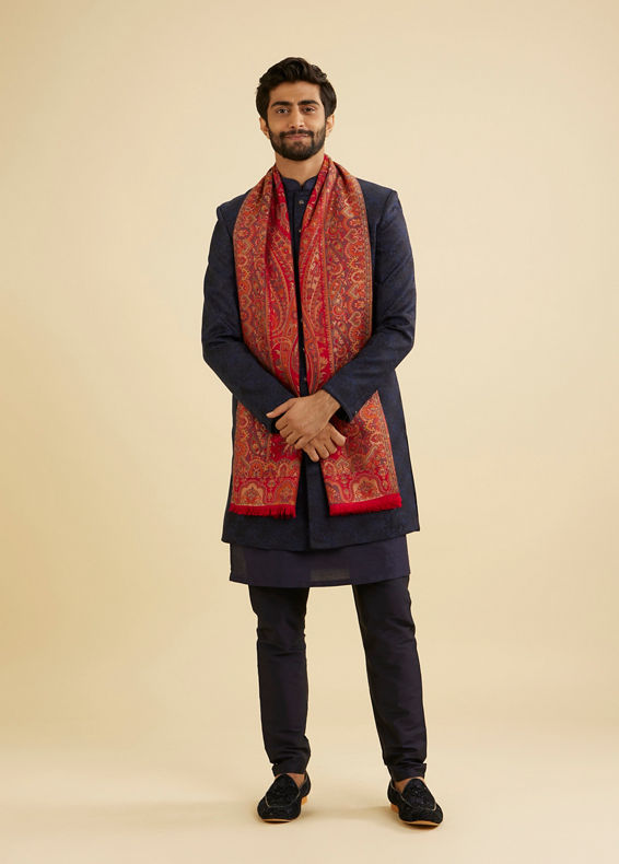 Manyavar Men Scarlet Red Paisley Patterned Shawl with Floral Buta Motifs