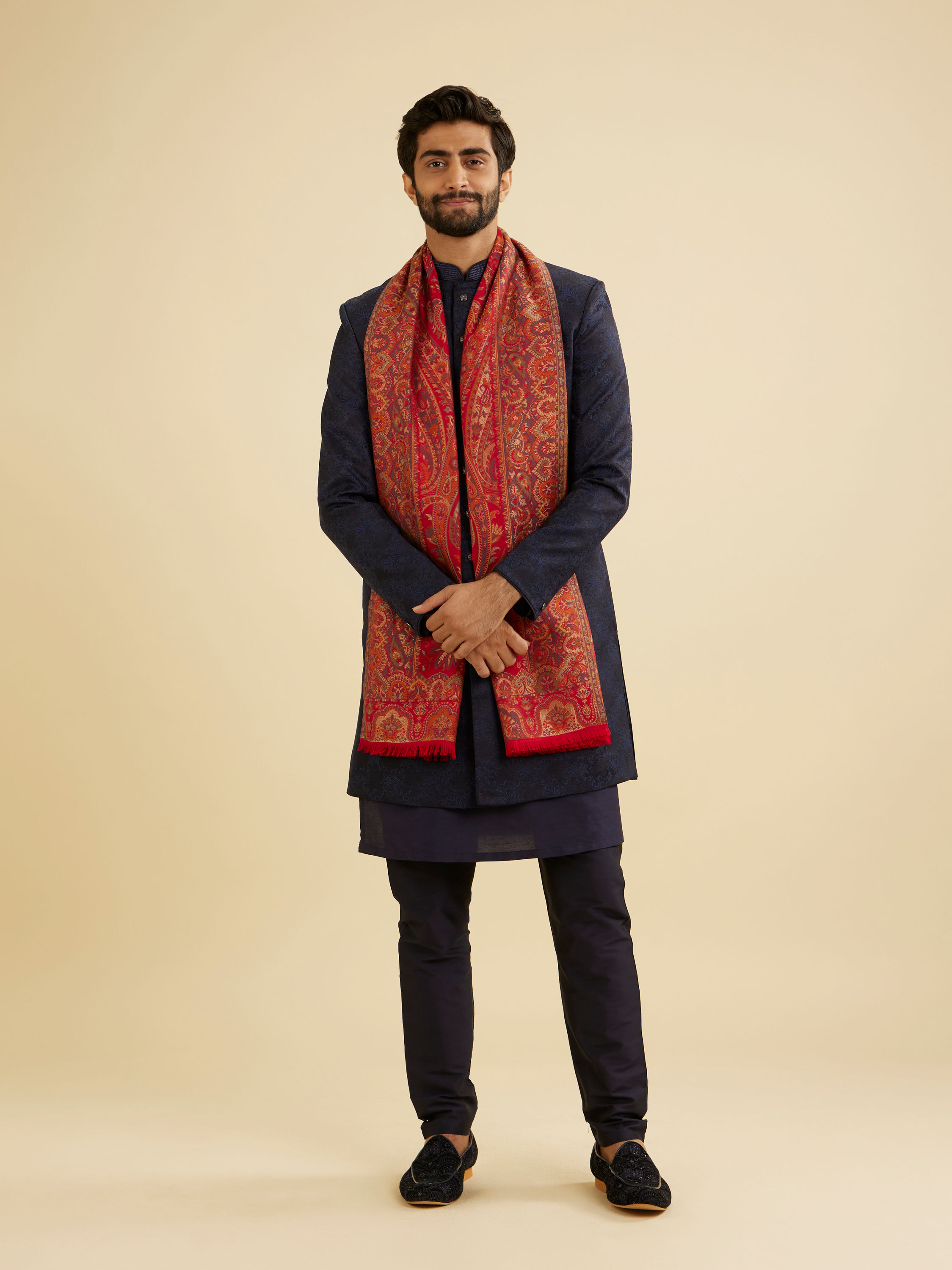 Manyavar Men Scarlet Red Paisley Patterned Shawl with Floral Buta Motifs