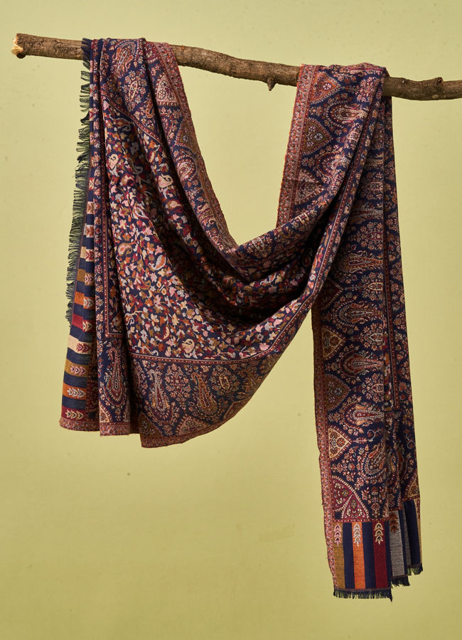 Manyavar Men Dark Blue Blended Viscose Shawl with Print