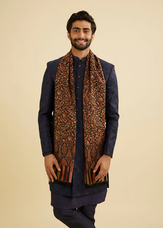 Manyavar Men Ebony Black Floral Vine Patterned Shawl with Paisley And Fern Motifs