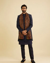 Manyavar Men Ebony Black Floral Vine Patterned Shawl with Paisley and Fern Motifs