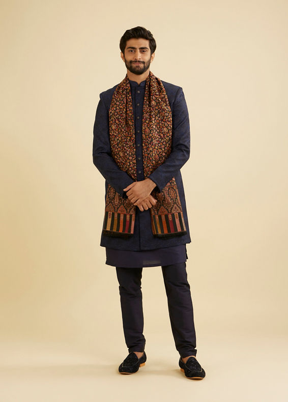 Manyavar Men Ebony Black Floral Vine Patterned Shawl with Paisley And Fern Motifs