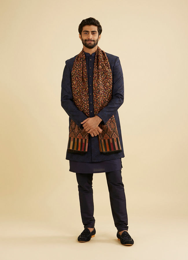 Manyavar Men Ebony Black Floral Vine Patterned Shawl with Paisley And Fern Motifs