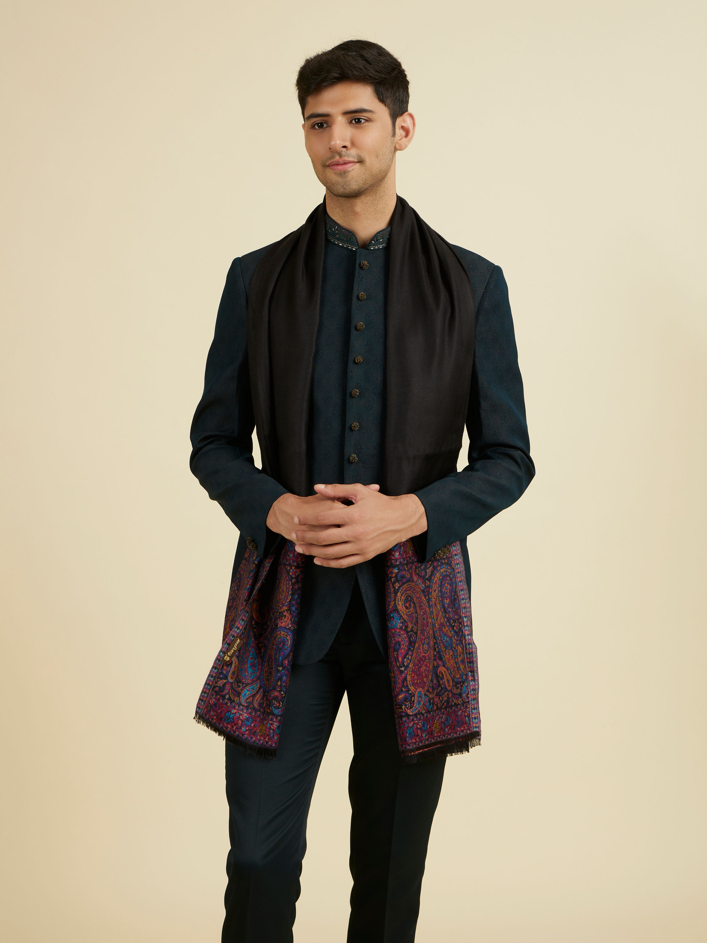 Manyavar Men Black Elegance Viscose Shawl