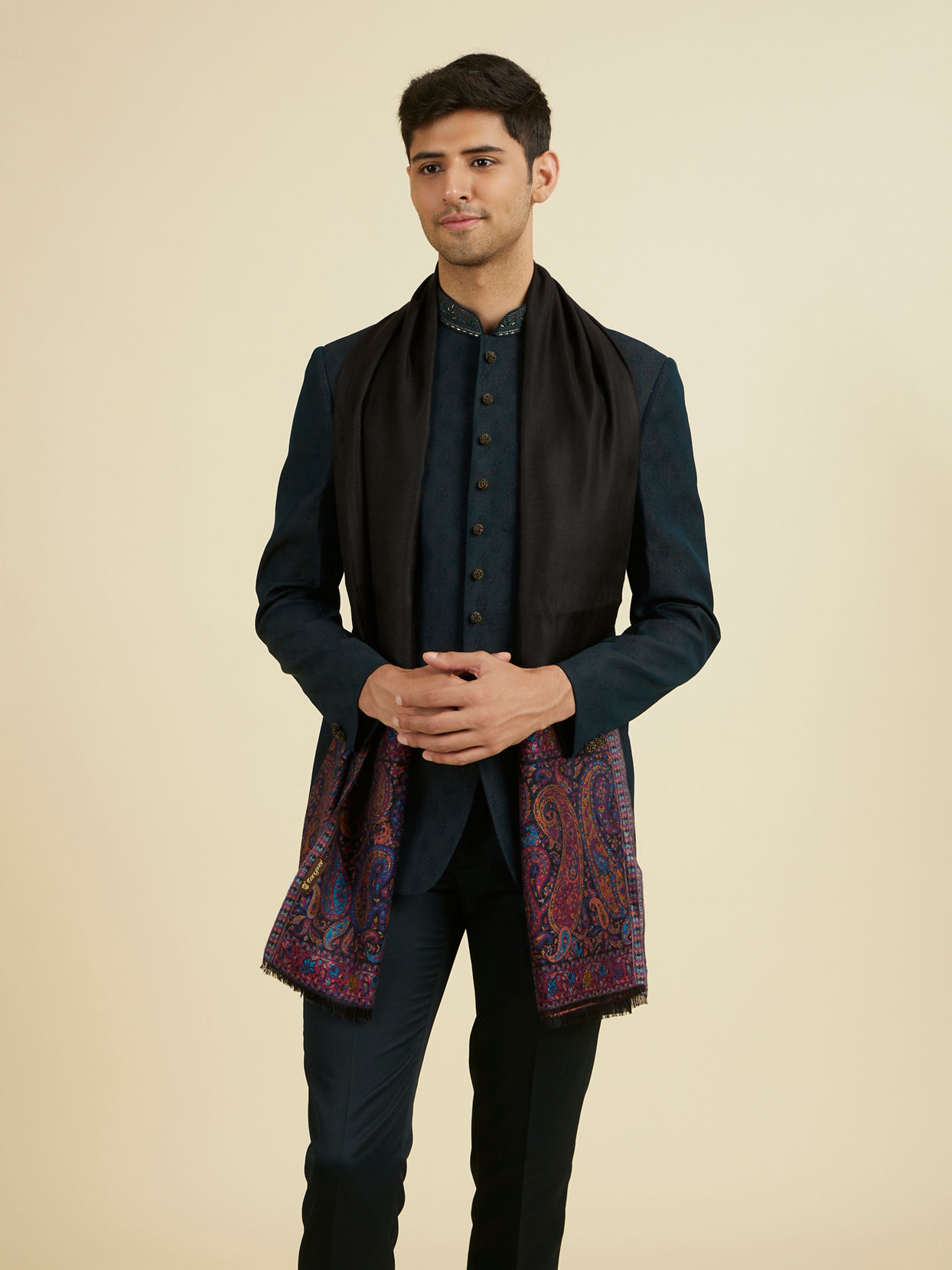 Manyavar Men Black Elegance Viscose Shawl