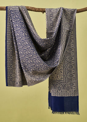 Manyavar Men Dark Blue Viscose Shawl with Print