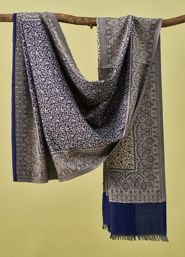 Manyavar Men Dark Blue Viscose Shawl with Print