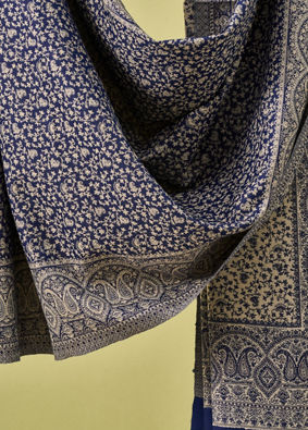 Manyavar Men Dark Blue Viscose Shawl with Print