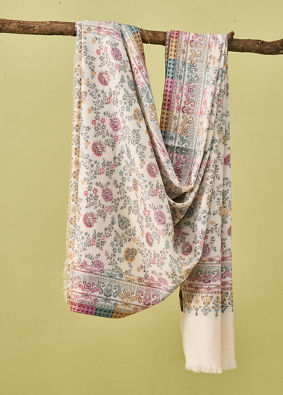 Manyavar Men Cream Viscose Shawl with Floral Print