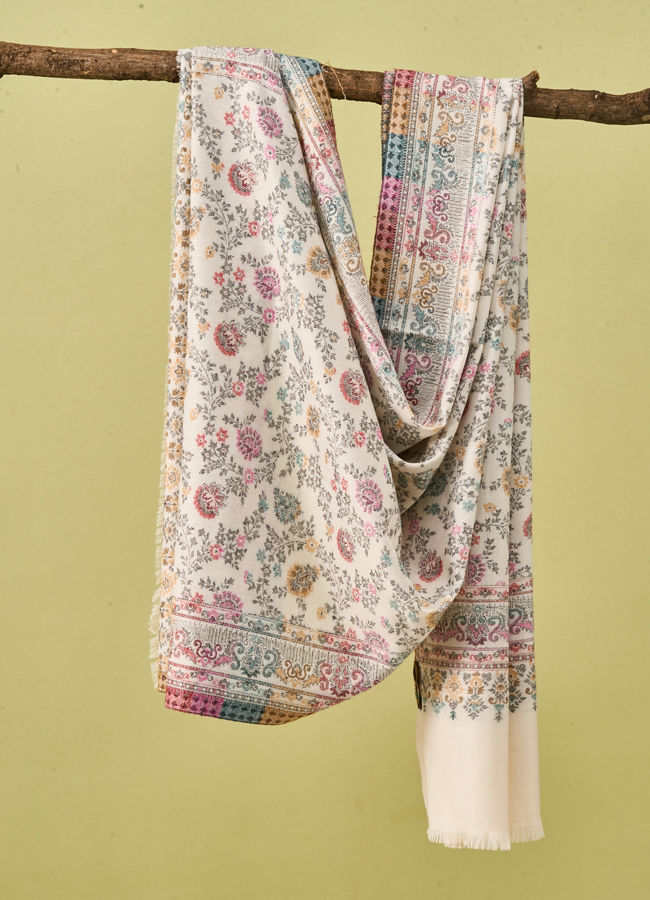 Manyavar Men Cream Viscose Shawl with Floral Print