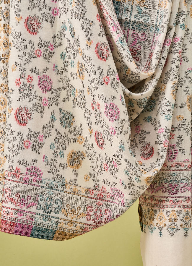 Manyavar Men Cream Viscose Shawl with Floral Print