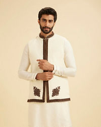 Manyavar Men Elegant Cream Kurta Jacket Set