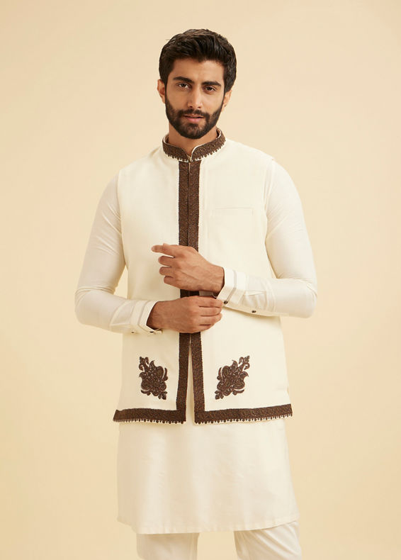 Manyavar Men Elegant Cream Kurta Jacket Set
