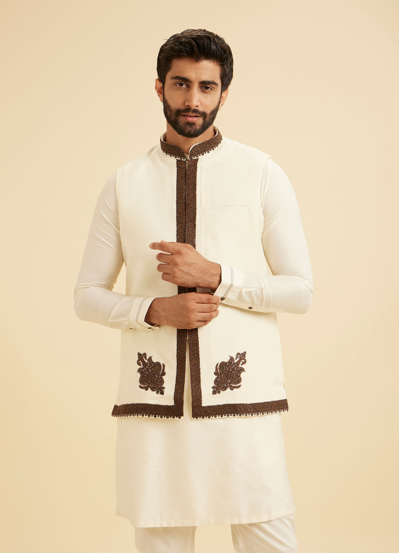 Manyavar Men Elegant Cream Kurta Jacket Set