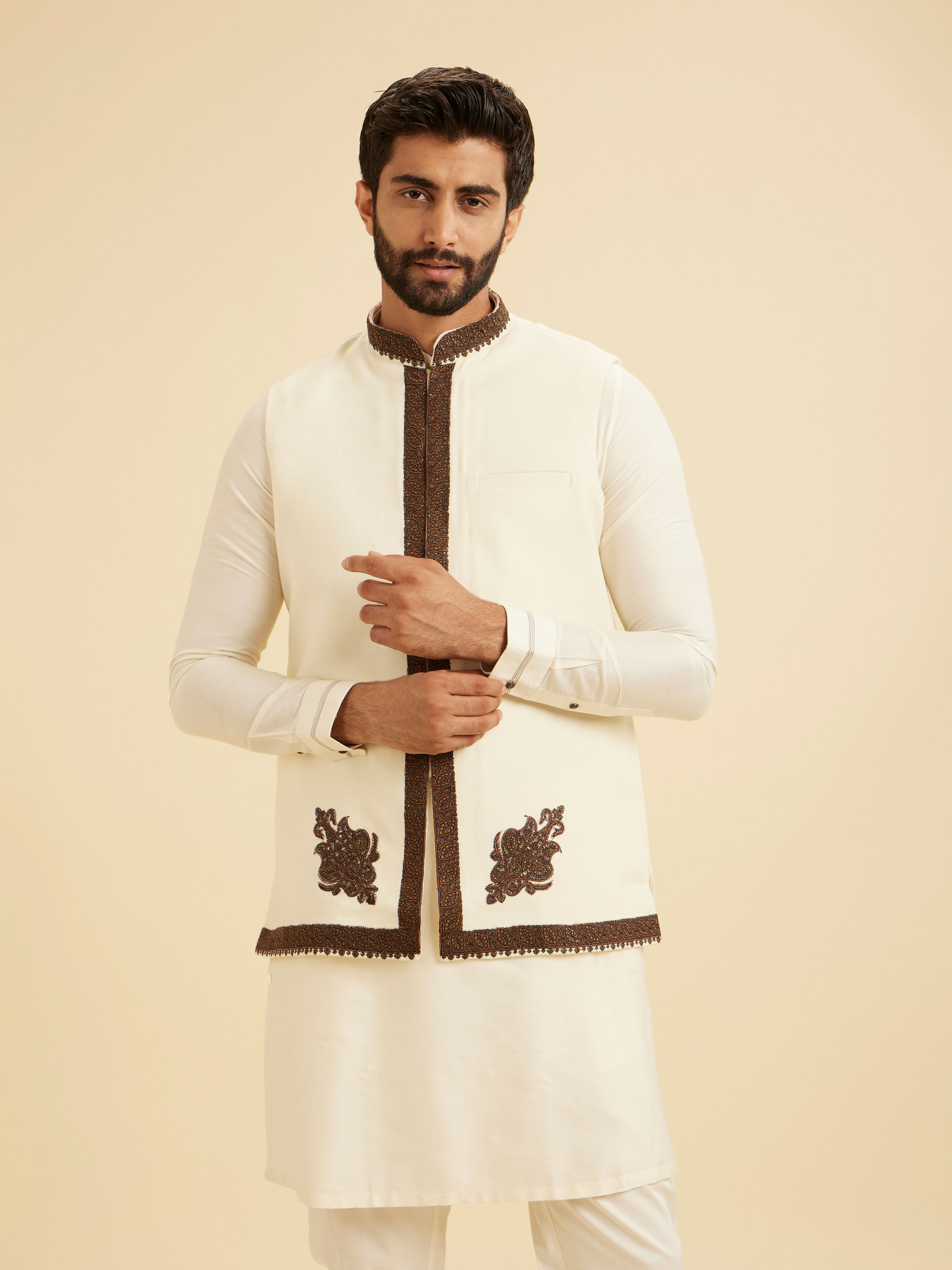 Manyavar Men Elegant Cream Kurta Jacket Set