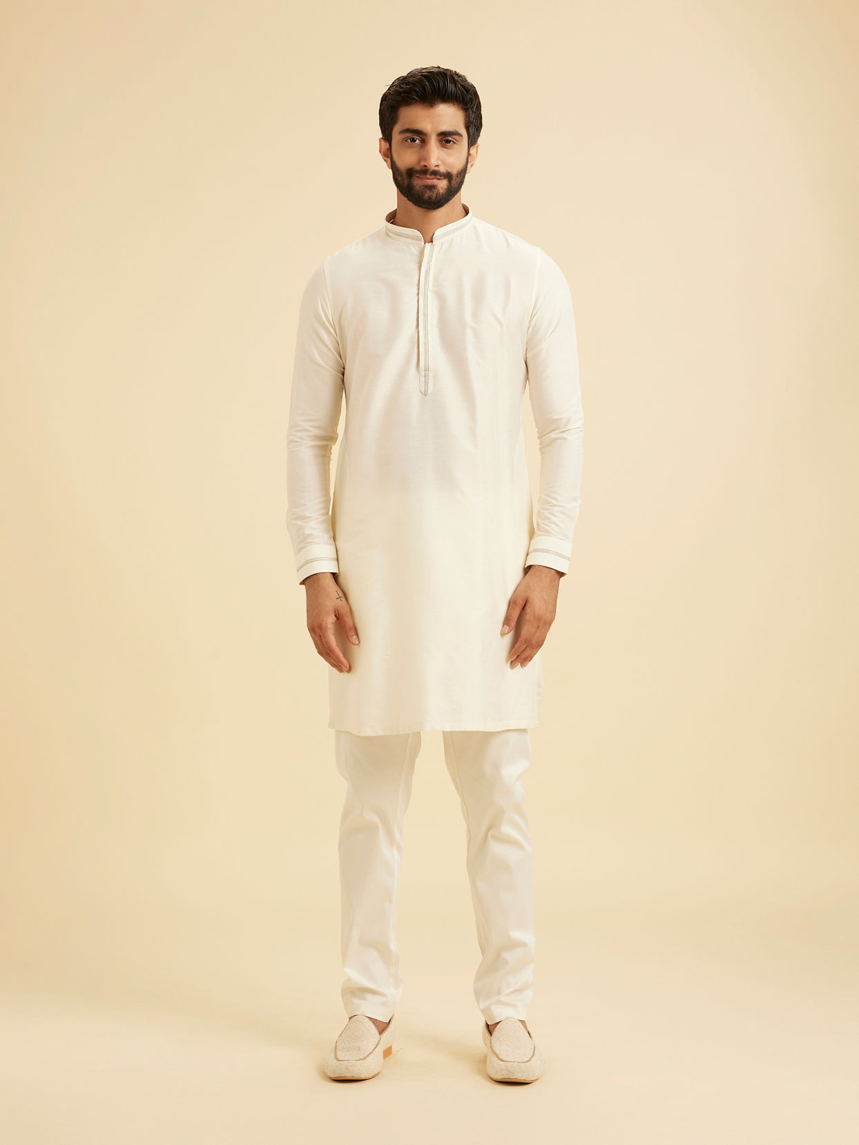 Manyavar Men Elegant Cream Kurta Jacket Set