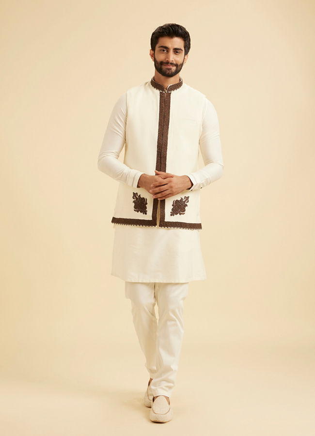 Manyavar Men Elegant Cream Kurta Jacket Set