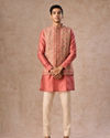 Manyavar Men Lush Beige-Coral Kurta Jacket Set