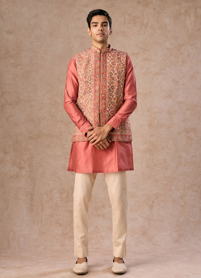 Manyavar Men Lush Beige-Coral Kurta Jacket Set