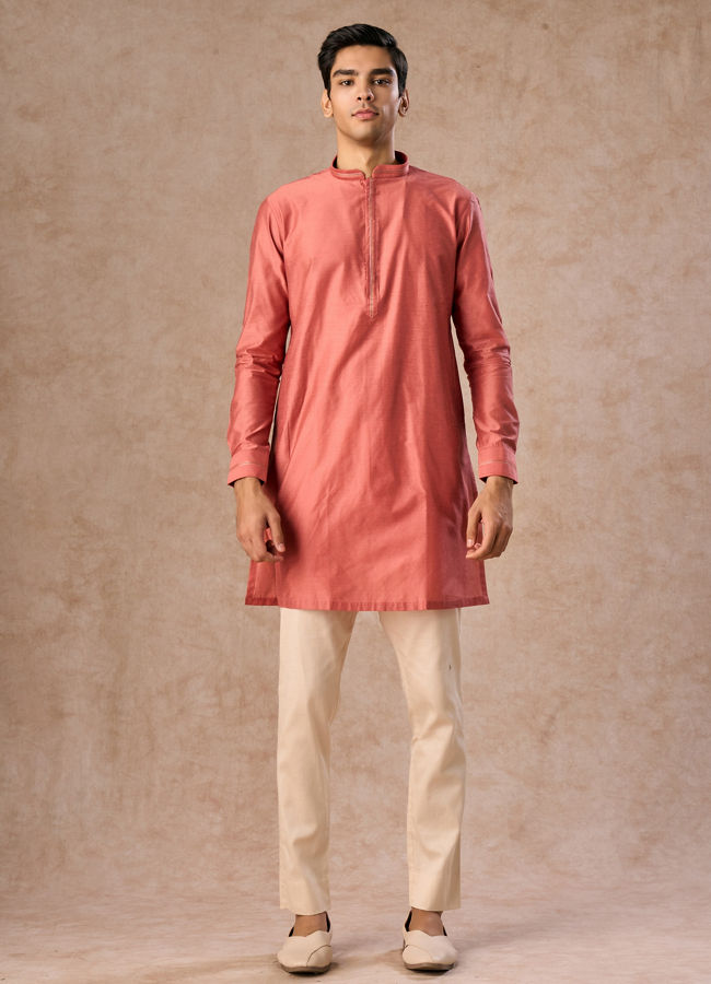 Manyavar Men Lush Beige-Coral Kurta Jacket Set