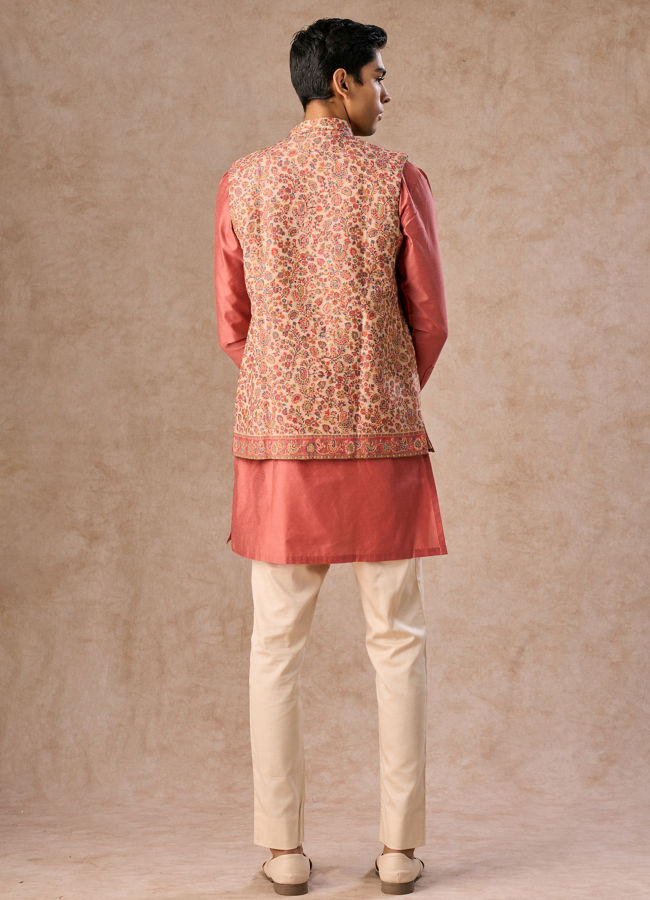Manyavar Men Lush Beige-Coral Kurta Jacket Set