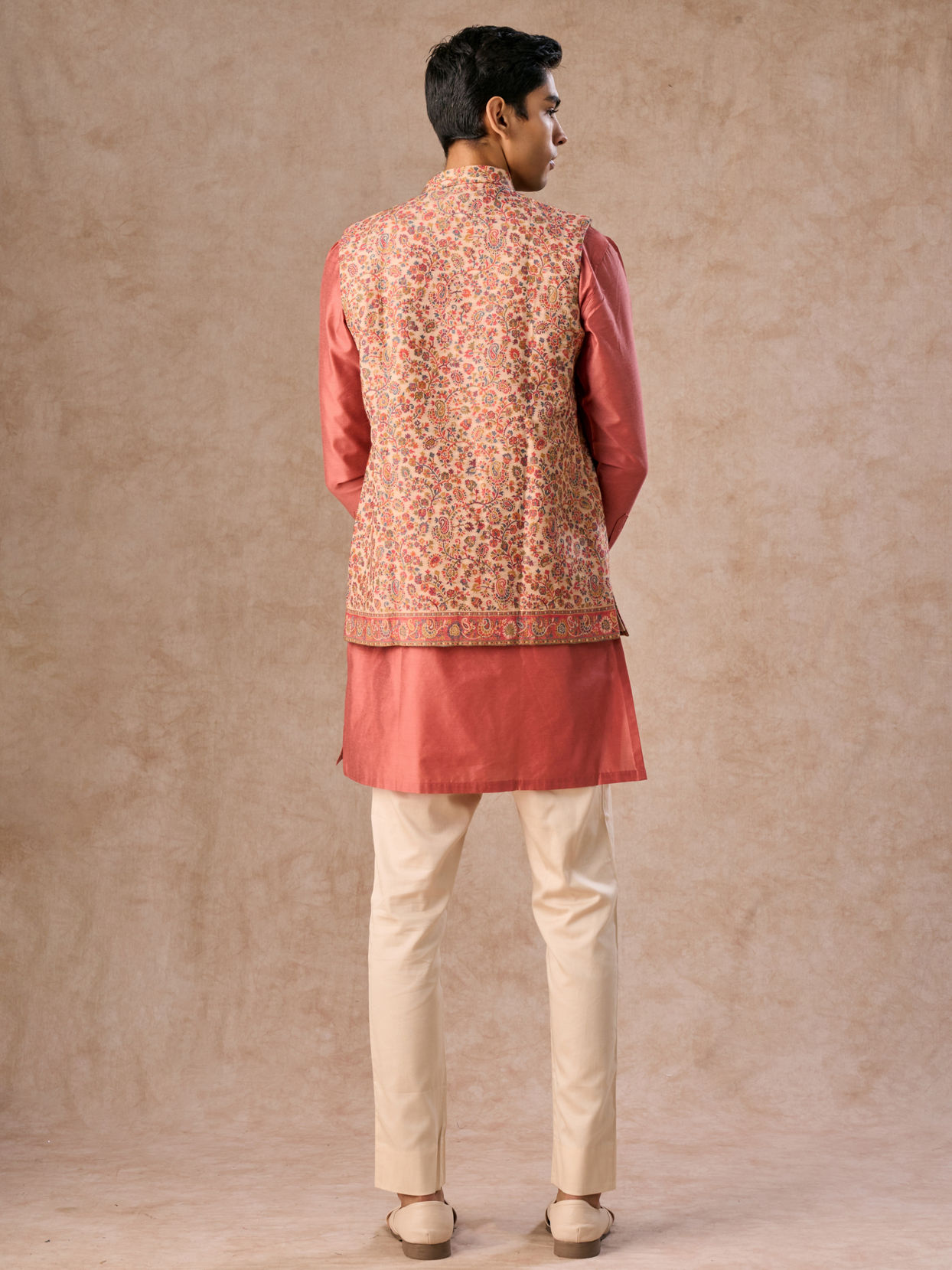 Manyavar Men Lush Beige-Coral Kurta Jacket Set