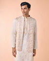 Manyavar Men Elegant Cream Satin Kurta Jacket Set