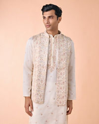 Manyavar Men Elegant Cream Satin Kurta Jacket Set