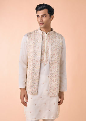 Manyavar Men Elegant Cream Satin Kurta Jacket Set