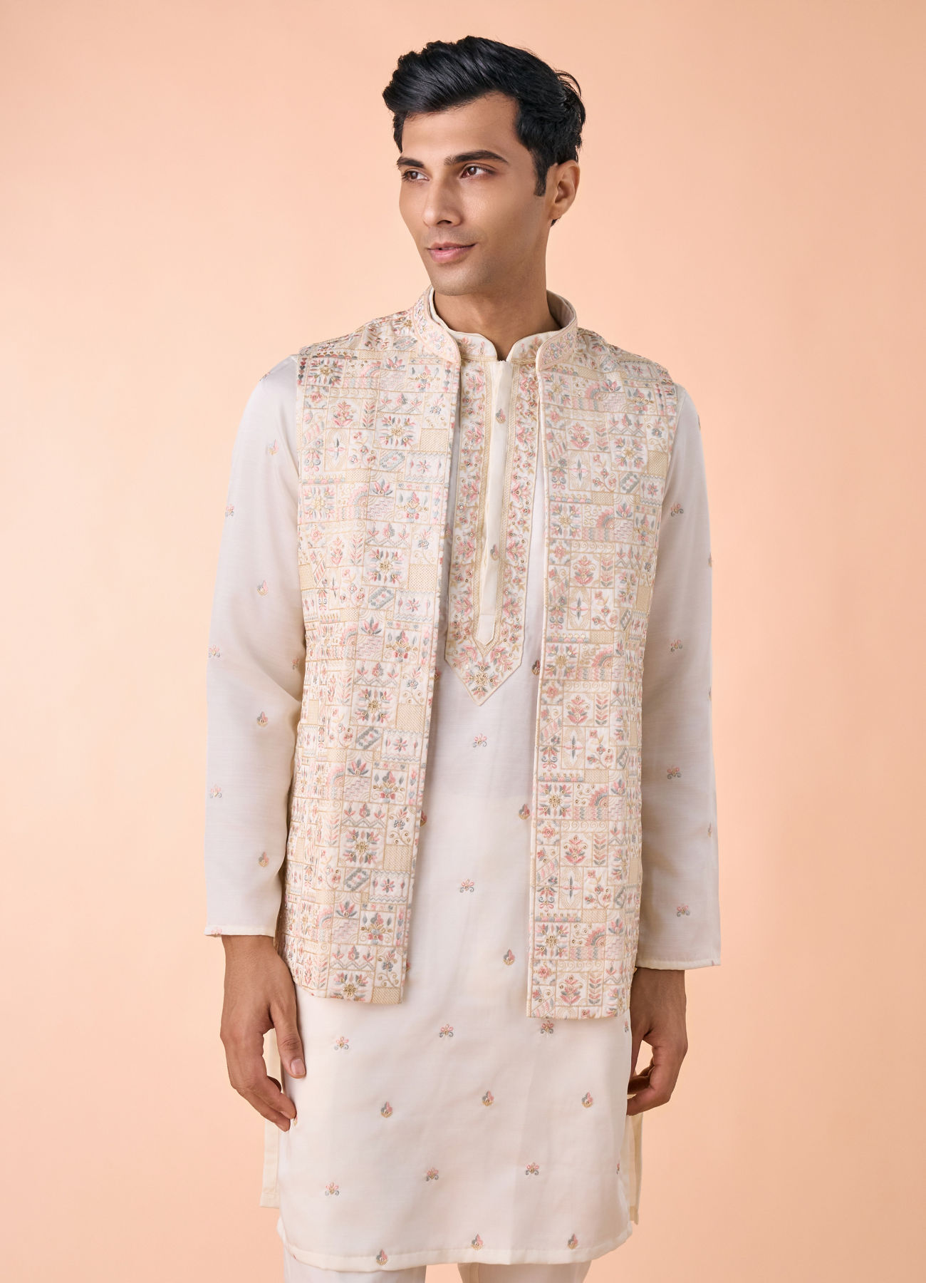Manyavar Men Elegant Cream Satin Kurta Jacket Set