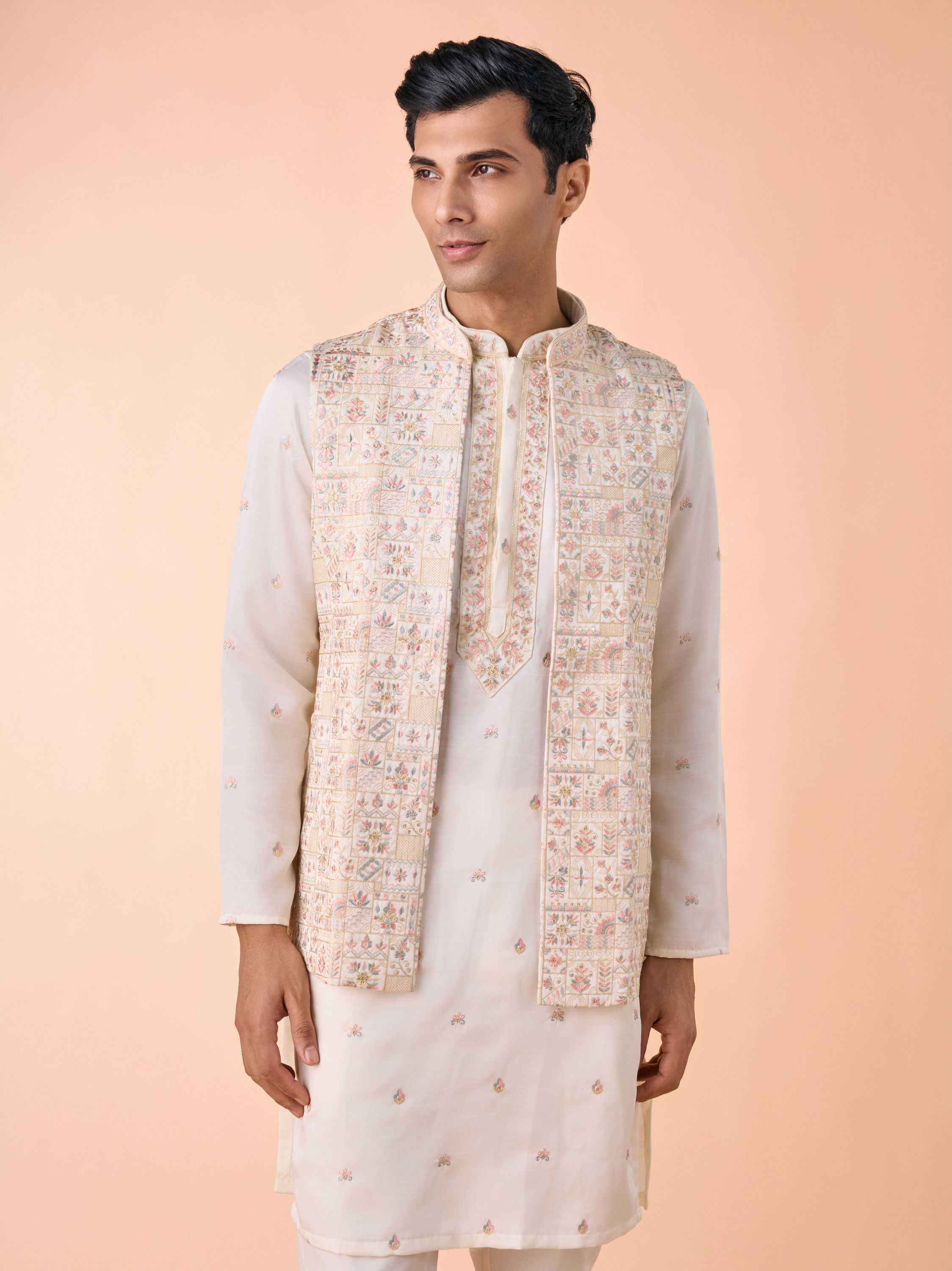 Manyavar Men Elegant Cream Satin Kurta Jacket Set