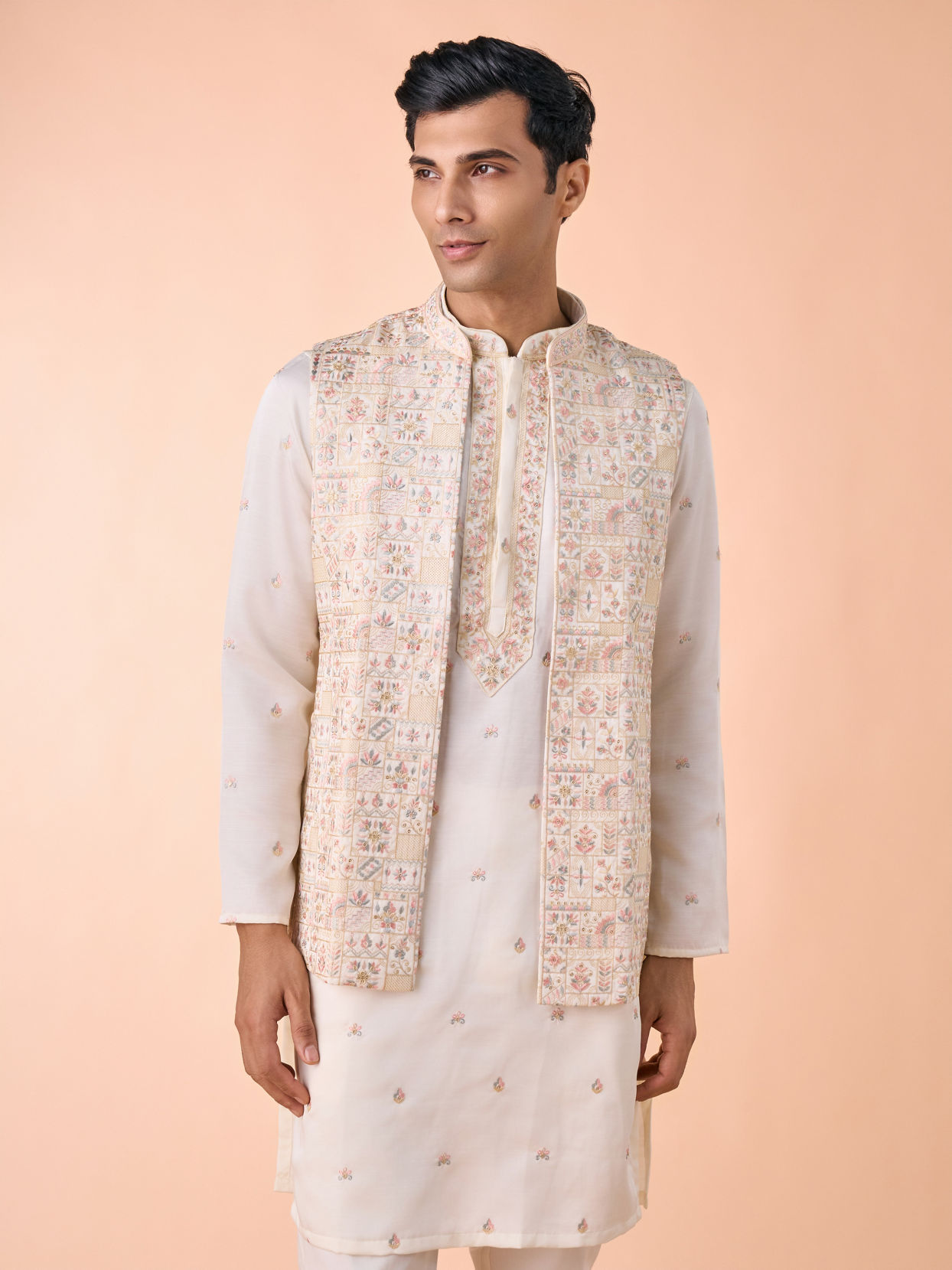 Manyavar Men Elegant Cream Satin Kurta Jacket Set