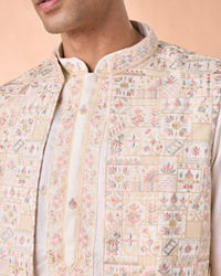 Manyavar Men Elegant Cream Satin Kurta Jacket Set