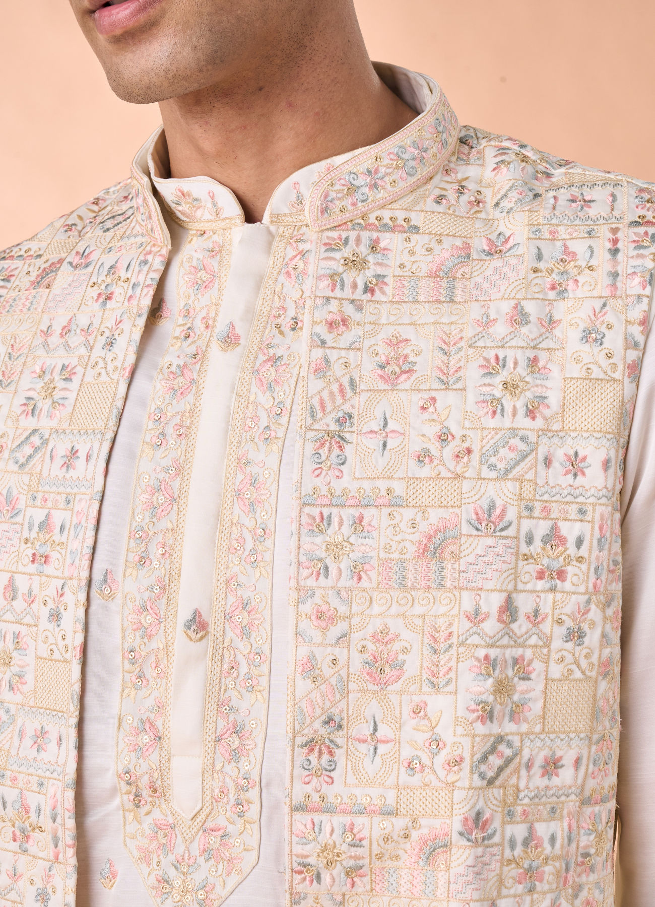 Manyavar Men Elegant Cream Satin Kurta Jacket Set