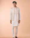Manyavar Men Elegant Cream Satin Kurta Jacket Set