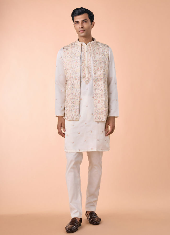Manyavar Men Elegant Cream Satin Kurta Jacket Set