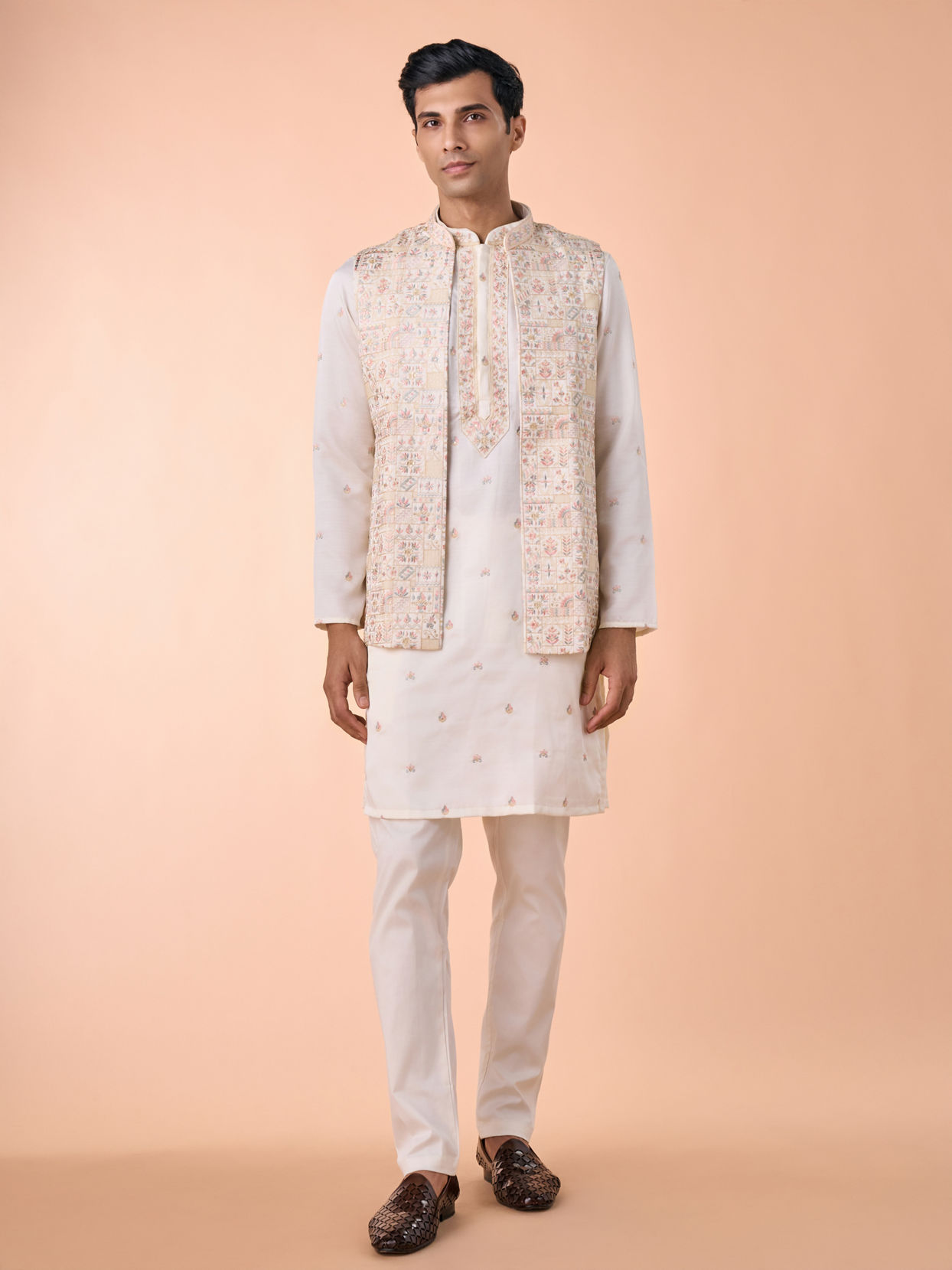 Manyavar Men Elegant Cream Satin Kurta Jacket Set