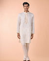 Manyavar Men Elegant Cream Satin Kurta Jacket Set