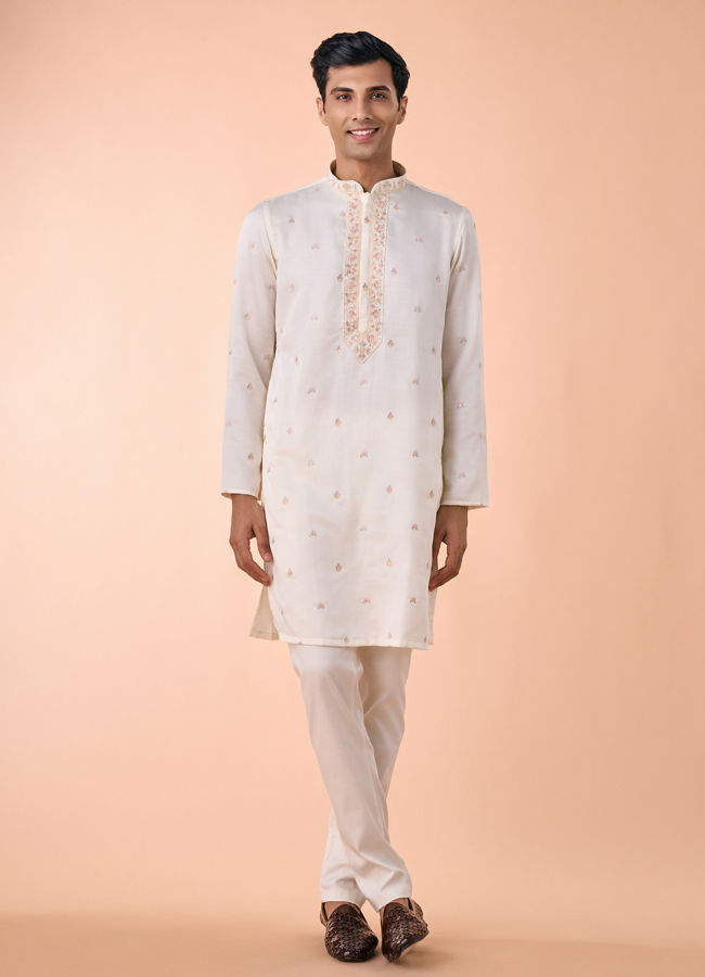 Manyavar Men Elegant Cream Satin Kurta Jacket Set