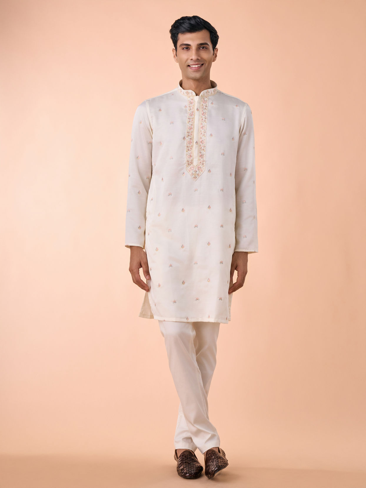 Manyavar Men Elegant Cream Satin Kurta Jacket Set