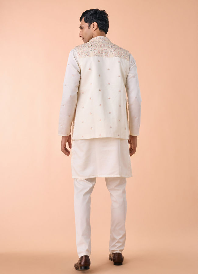 Manyavar Men Elegant Cream Satin Kurta Jacket Set