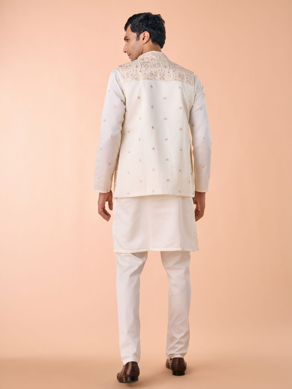 Manyavar Men Elegant Cream Satin Kurta Jacket Set