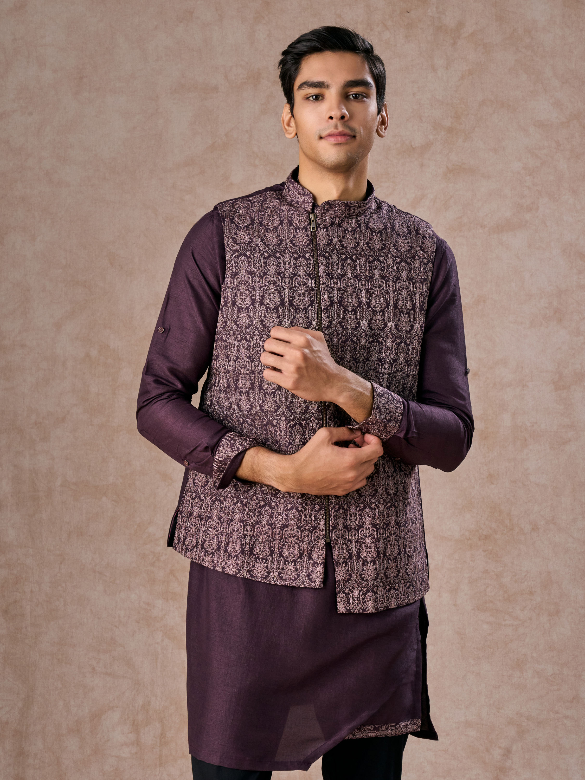 Manyavar Men Purple Elegance Kurta Jacket Set