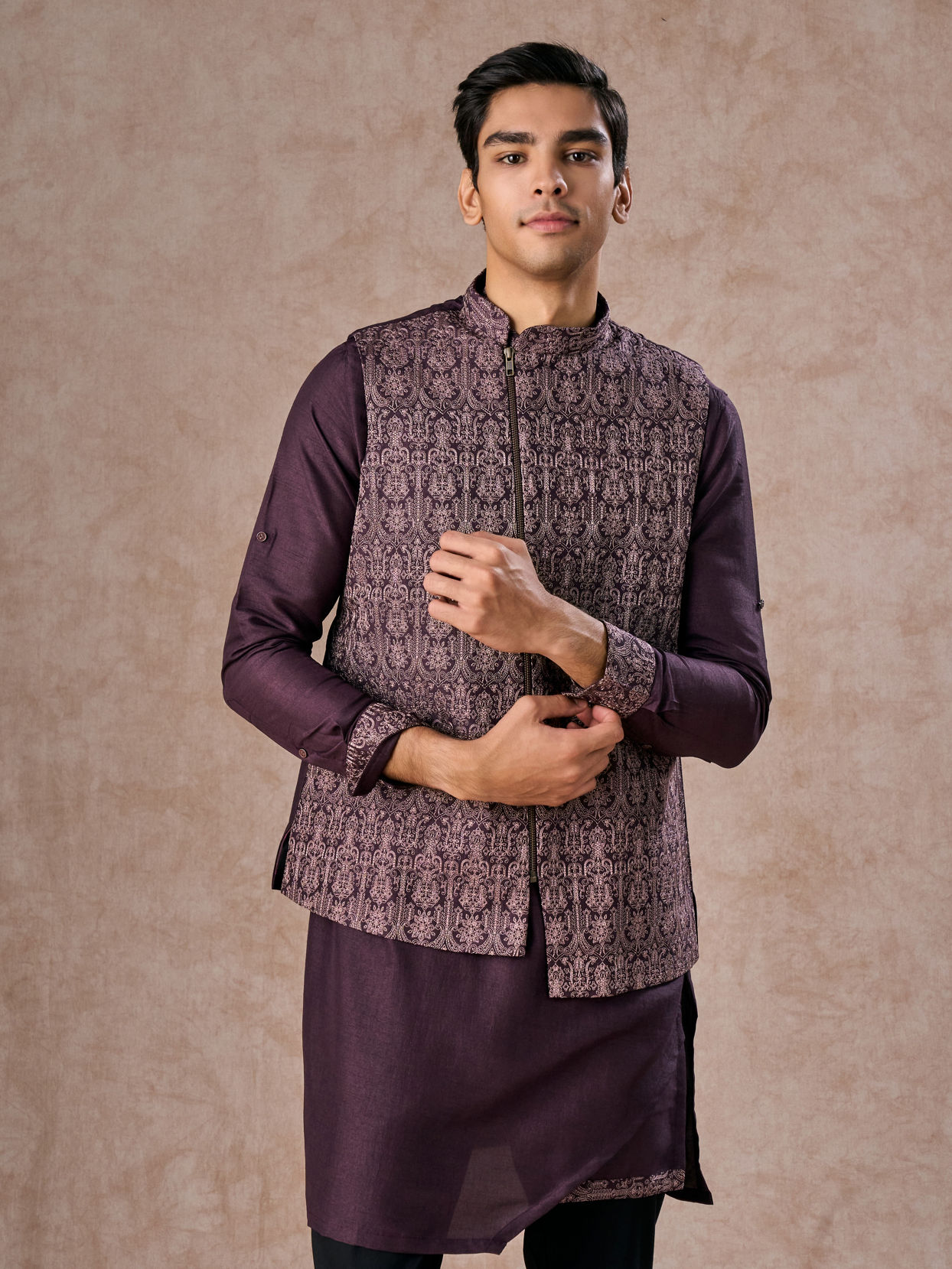 Manyavar Men Purple Elegance Kurta Jacket Set