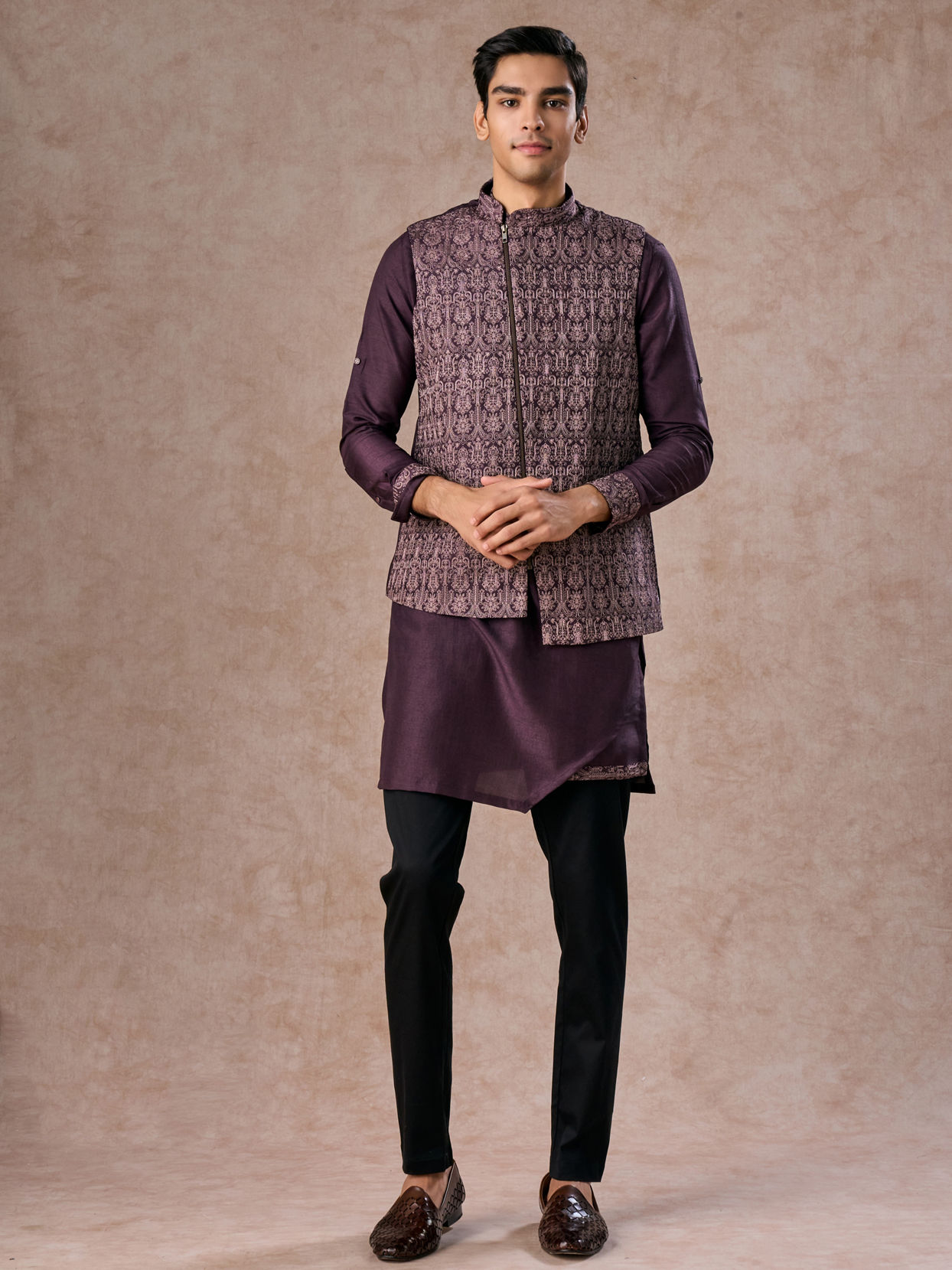 Manyavar Men Purple Elegance Kurta Jacket Set