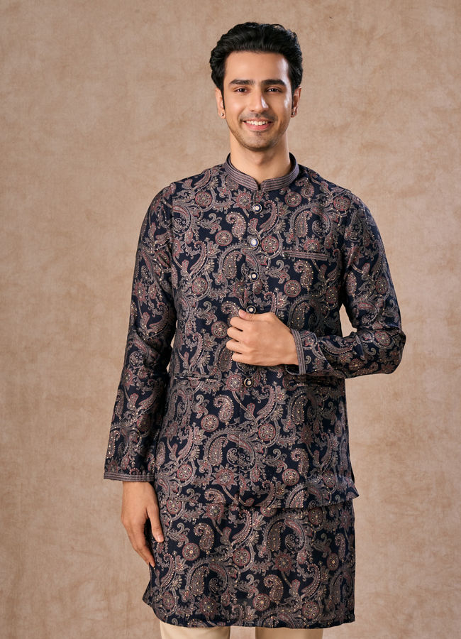 Manyavar Men Royal Blue Kurta Jacket Set