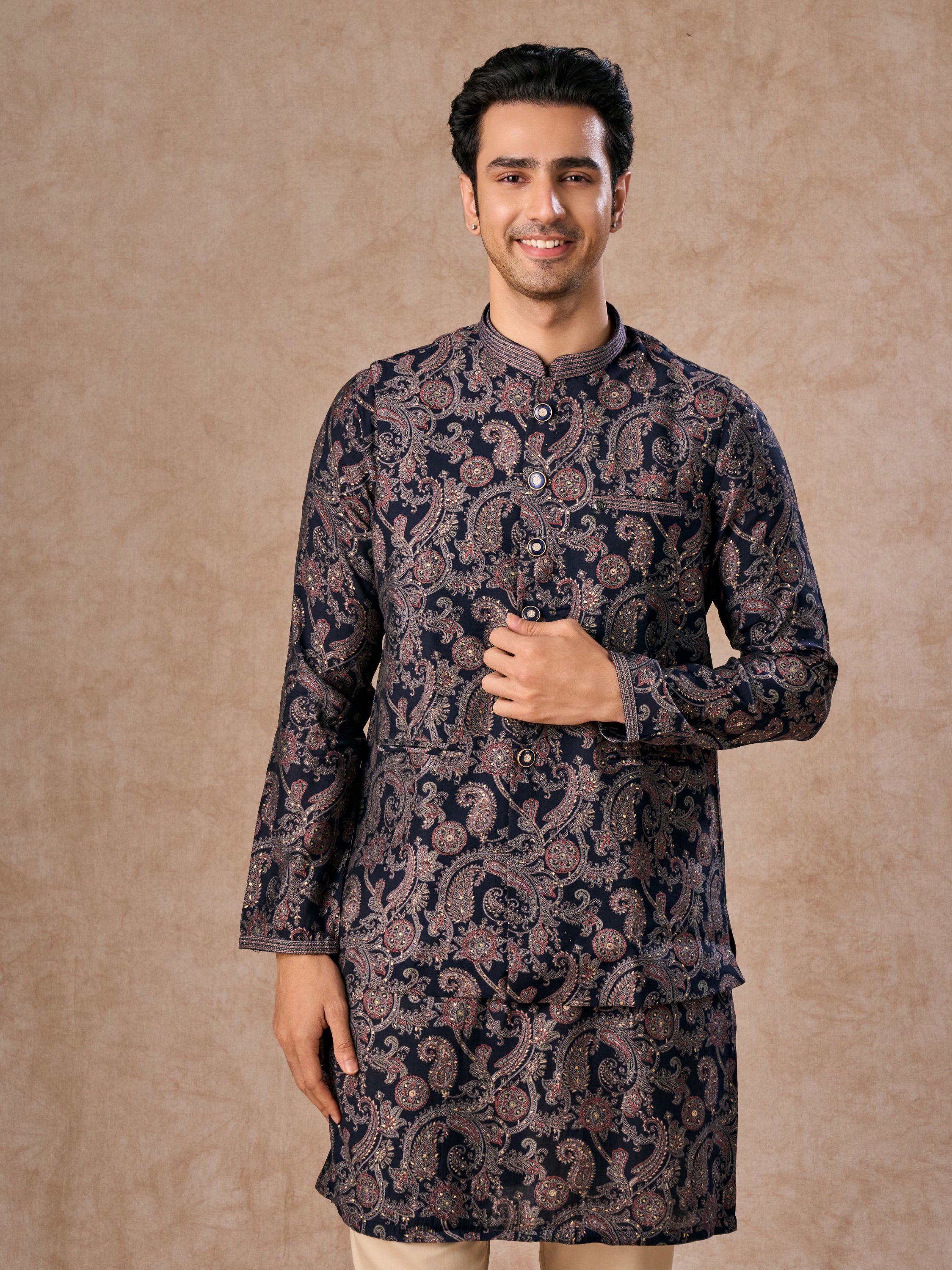 Manyavar Men Royal Blue Kurta Jacket Set
