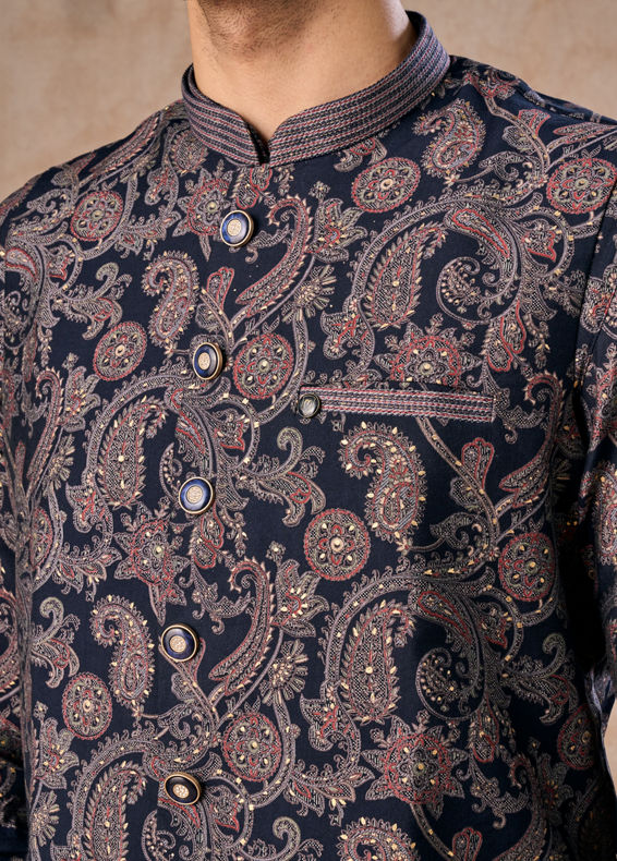 Manyavar Men Royal Blue Kurta Jacket Set