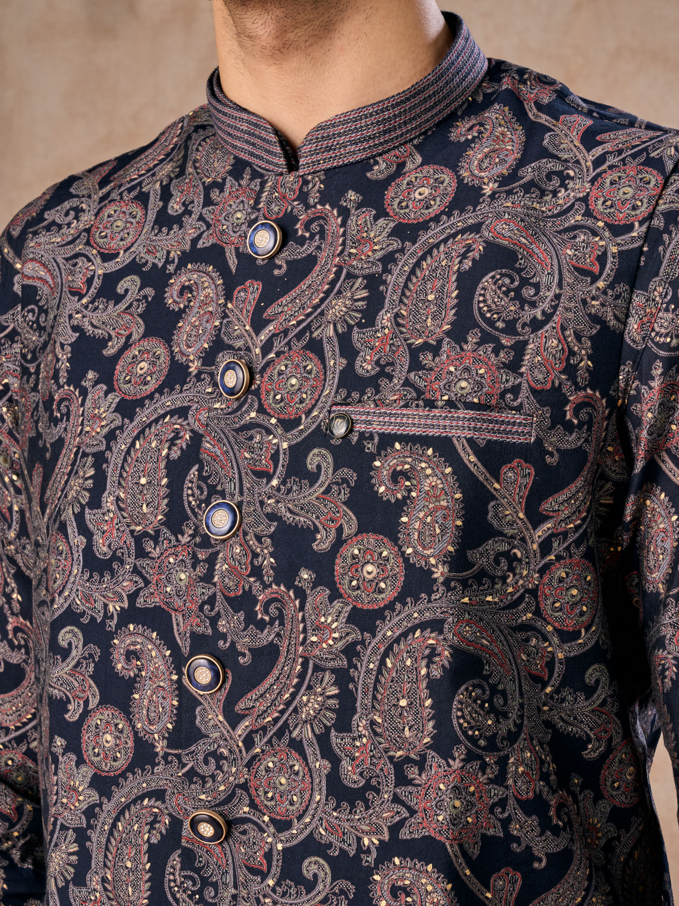 Manyavar Men Royal Blue Kurta Jacket Set