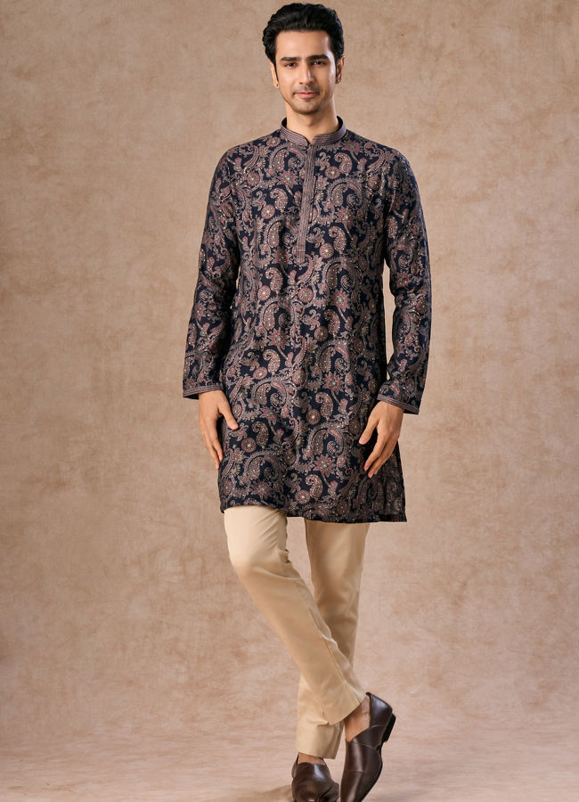 Manyavar Men Royal Blue Kurta Jacket Set